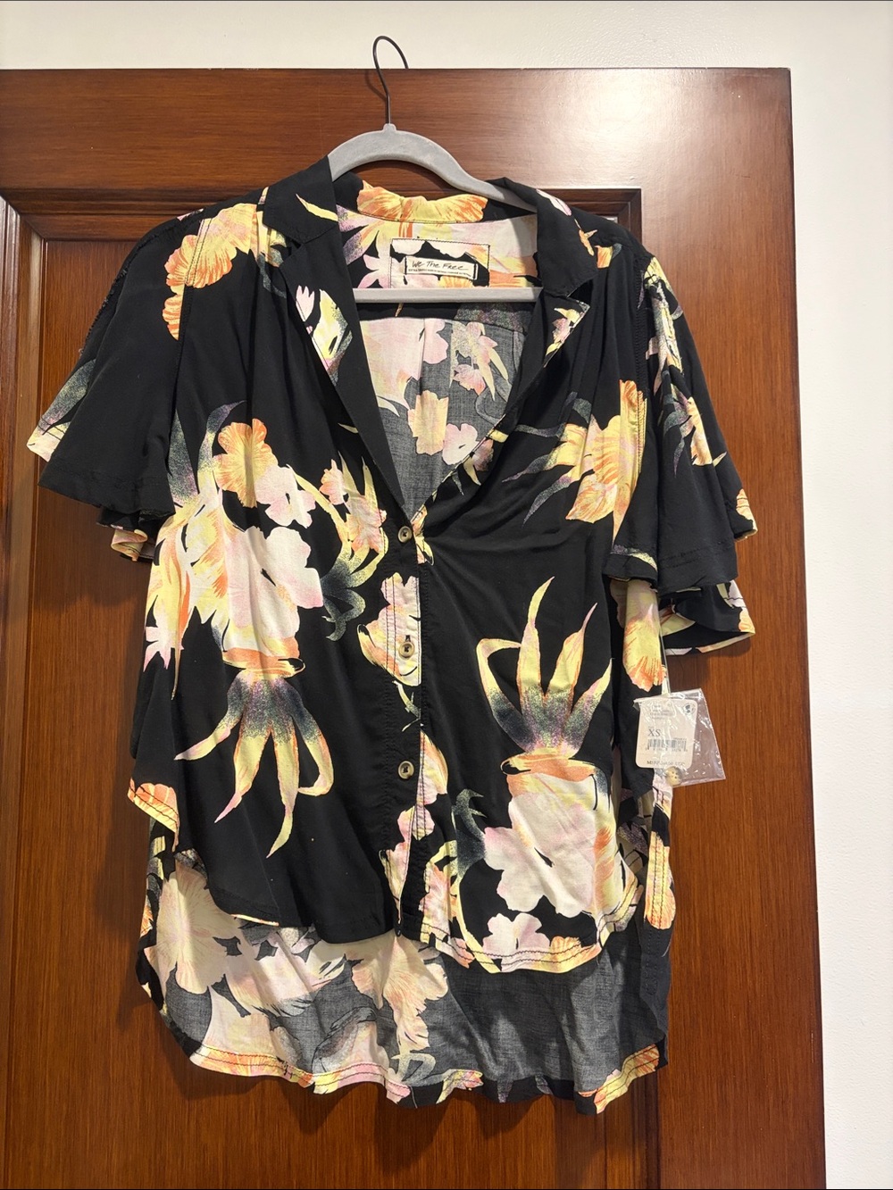 Free People Black Floral Button-Down Shirt